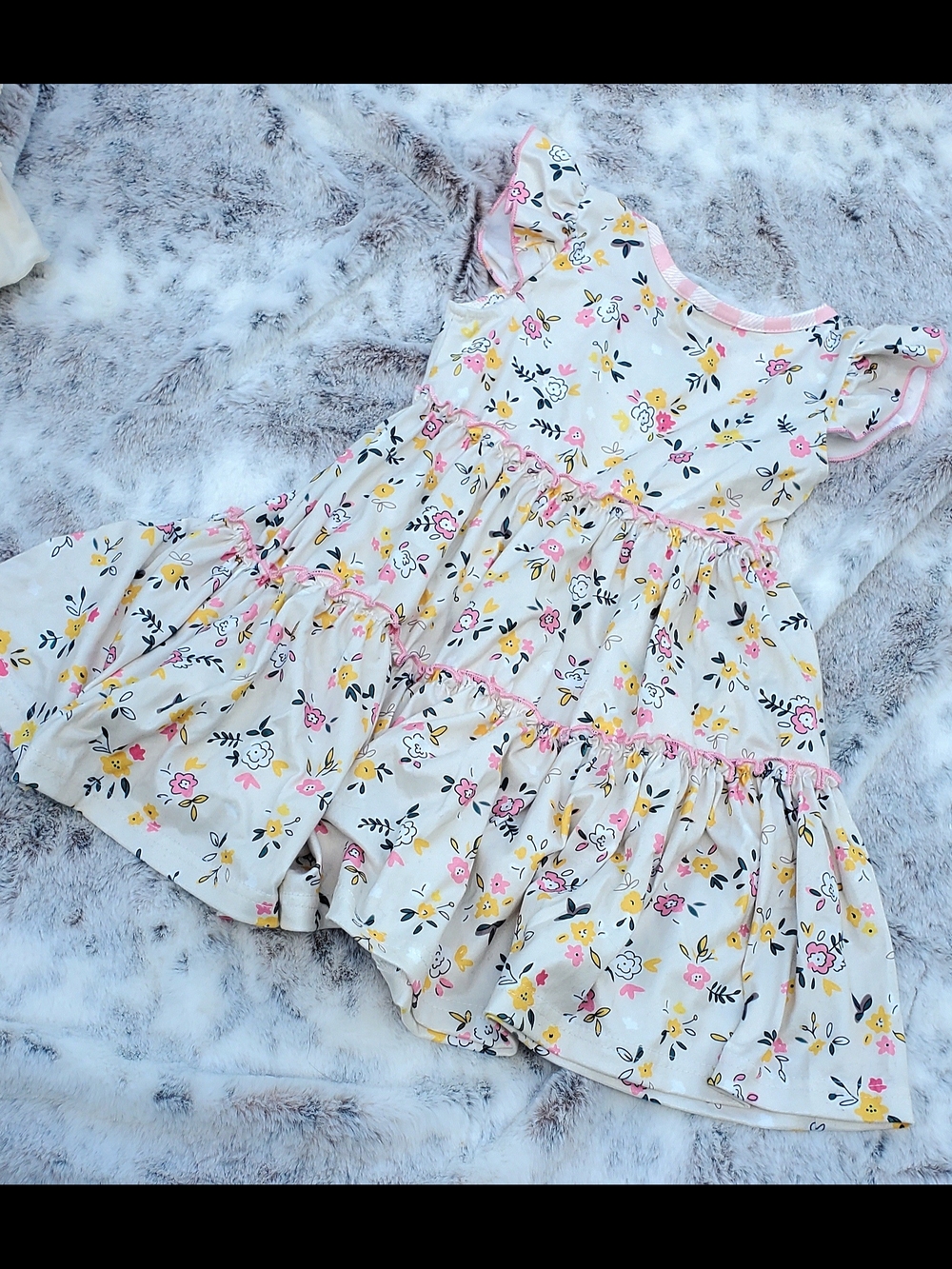 Marie Nicole Cream Floral Tiered Dress with Pink Trim 2T
